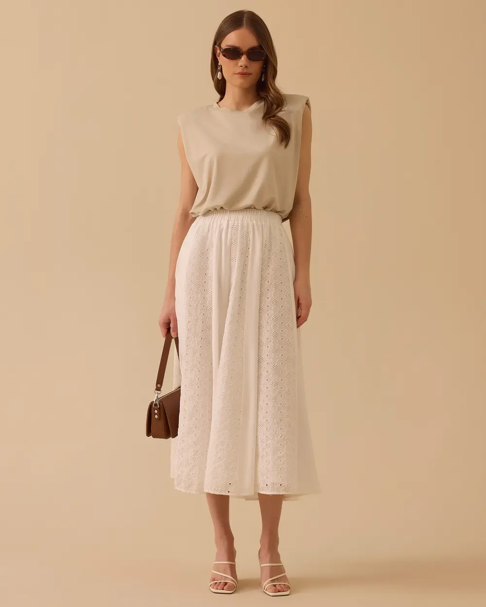 Embroidered Midi Skirt with Elastic Waistband