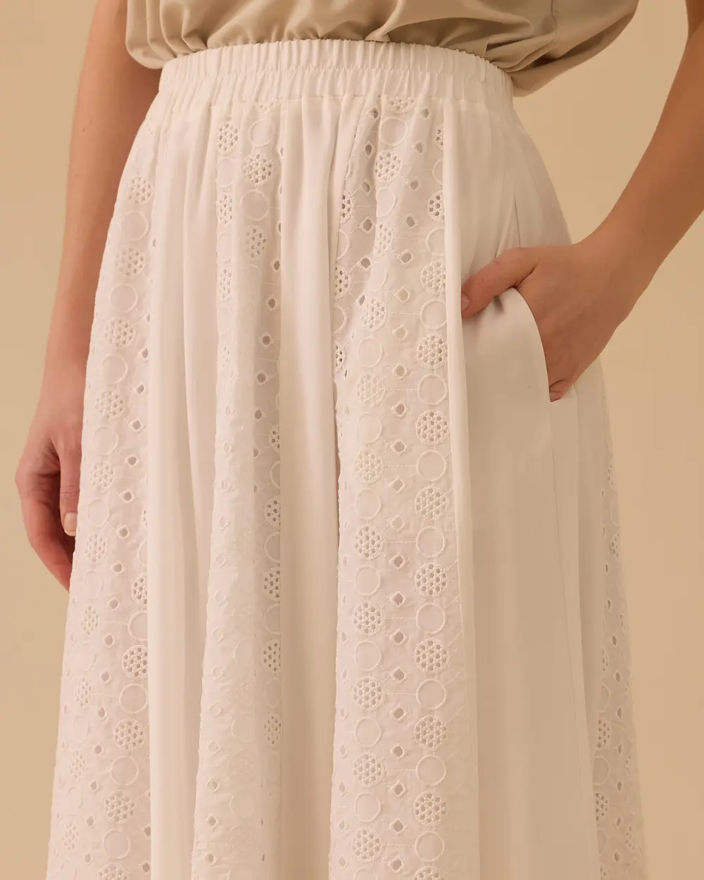 Embroidered Midi Skirt with Elastic Waistband