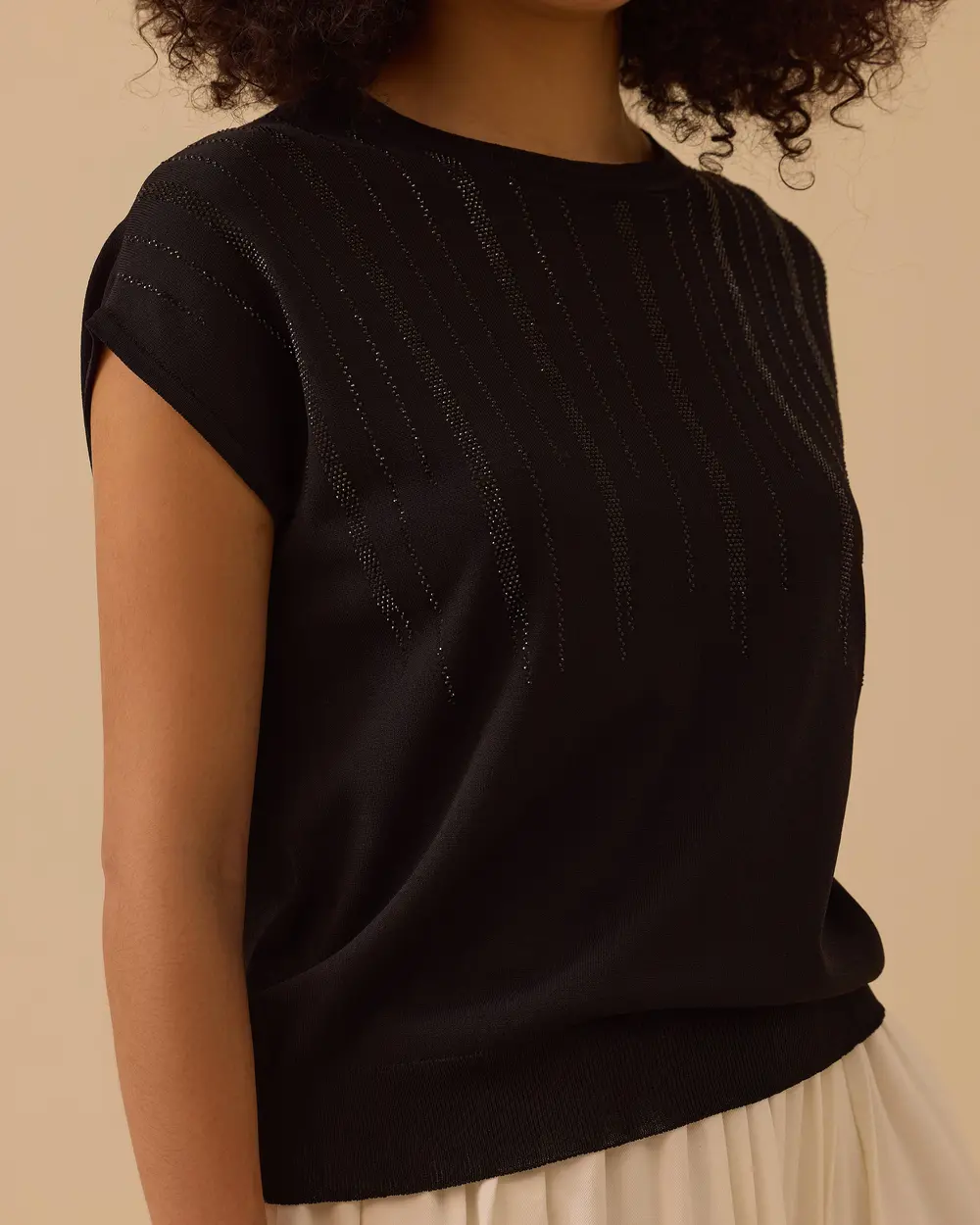 Taş Detaylı Bel Lastikli Triko Bluz