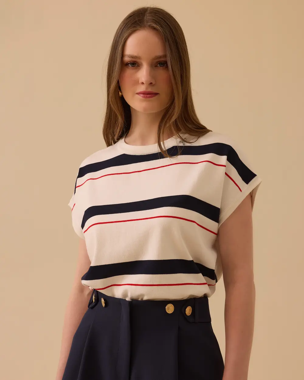Çizgili Bel Boy Kısa Kollu Triko Bluz