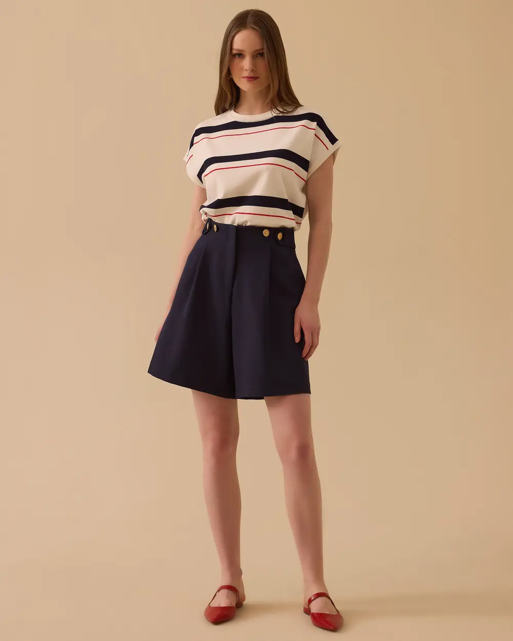 Çizgili Bel Boy Kısa Kollu Triko Bluz