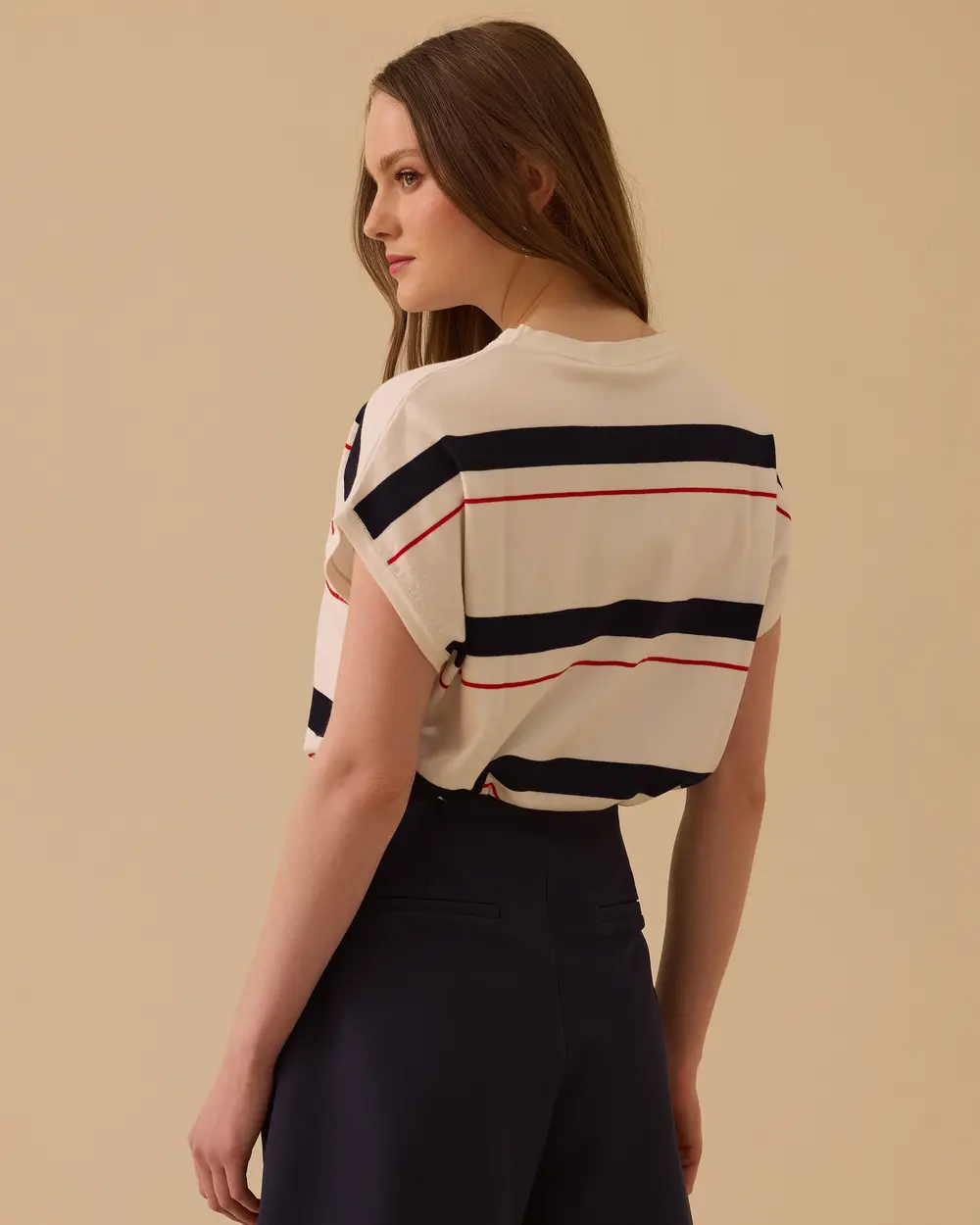 Çizgili Bel Boy Kısa Kollu Triko Bluz