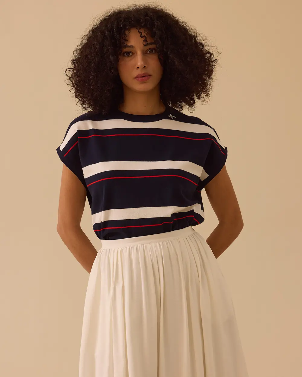 Çizgili Bel Boy Kısa Kollu Triko Bluz