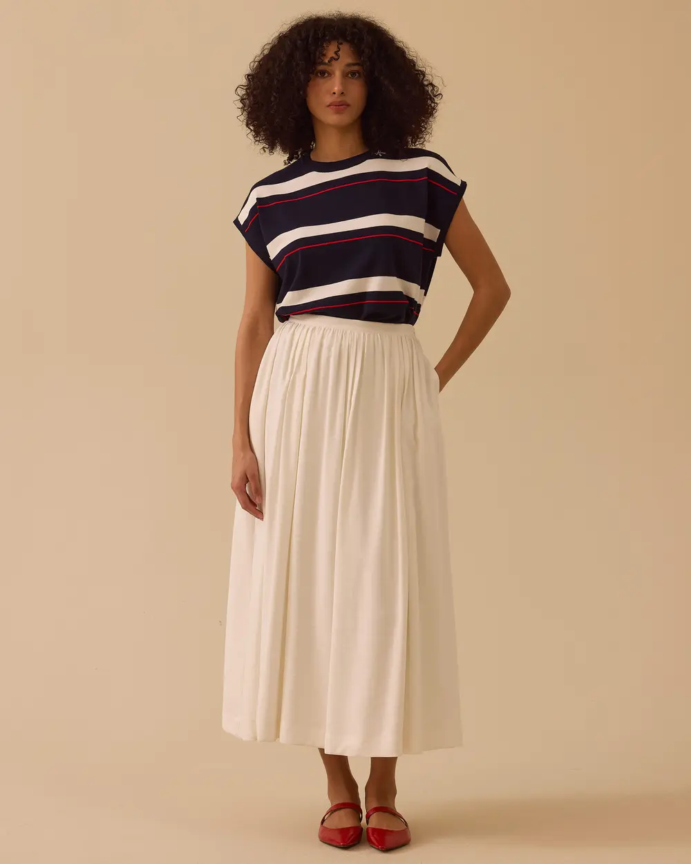 Çizgili Bel Boy Kısa Kollu Triko Bluz