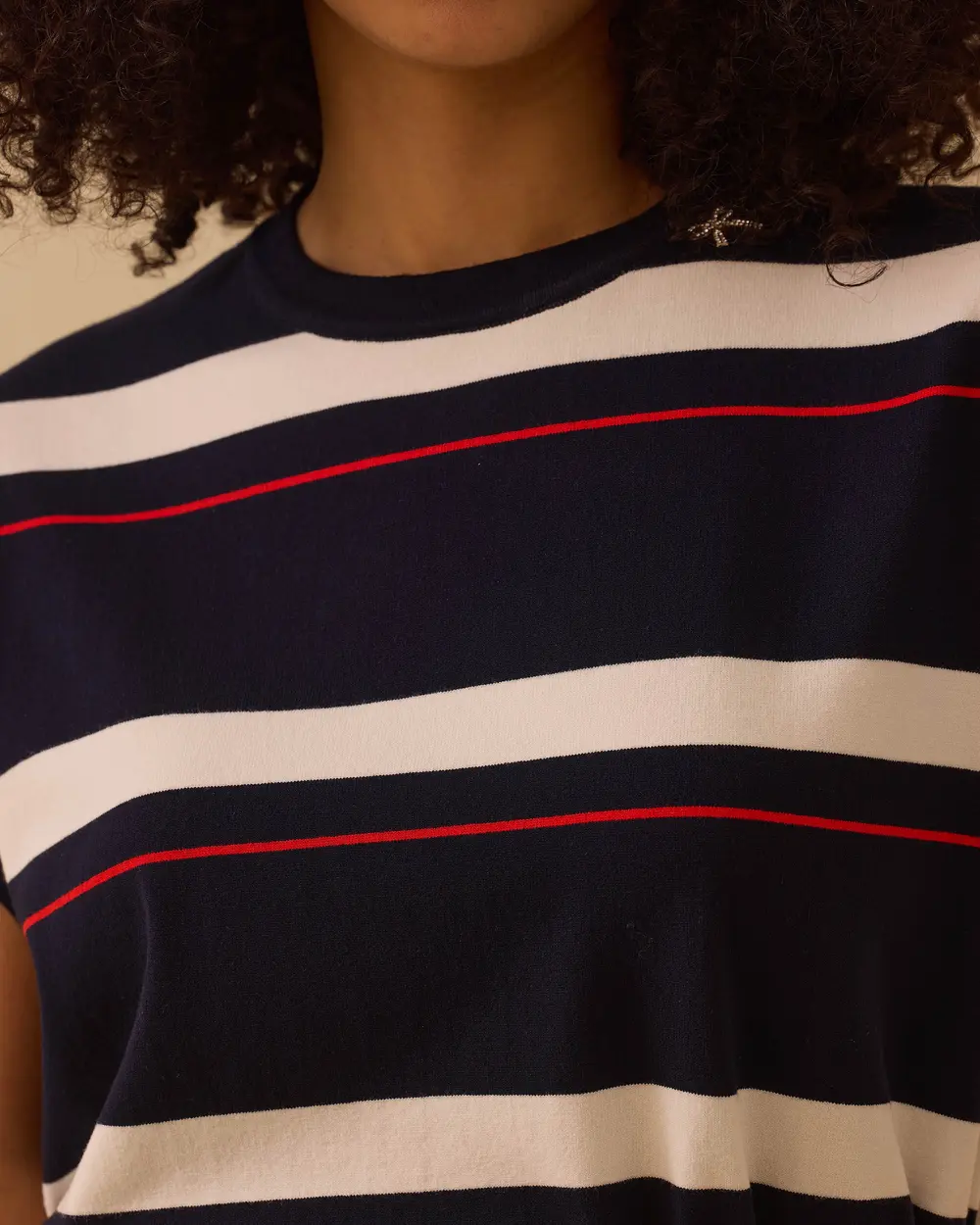 Striped Waist Length Short Sleeve Sweater Blouse