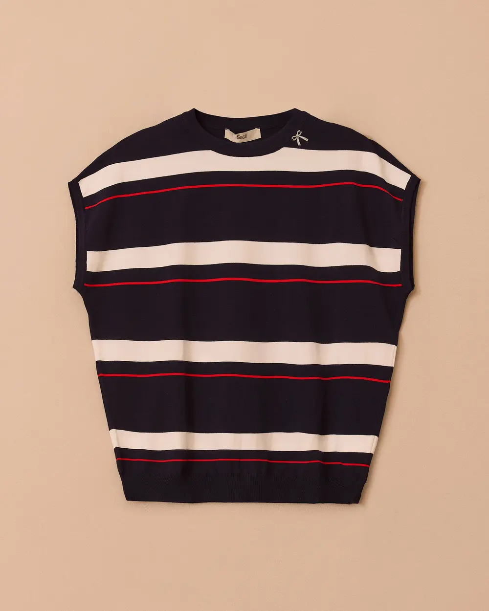 Striped Waist Length Short Sleeve Sweater Blouse