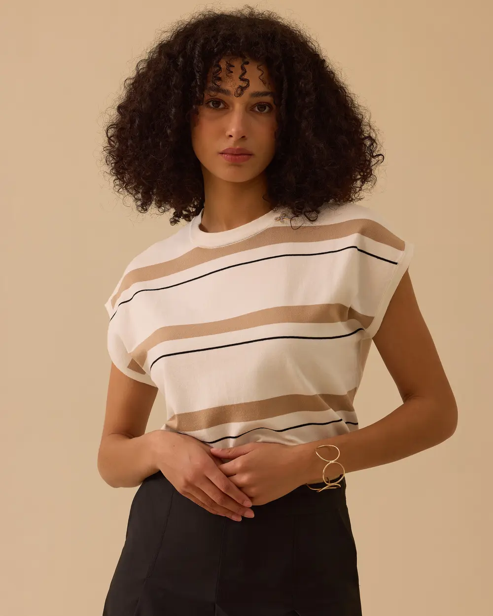 Çizgili Bel Boy Kısa Kollu Triko Bluz