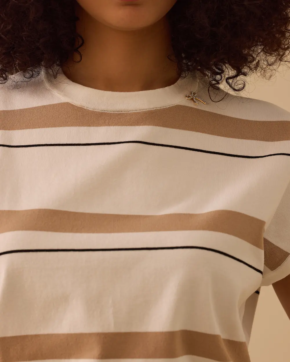 Striped Waist Length Short Sleeve Sweater Blouse