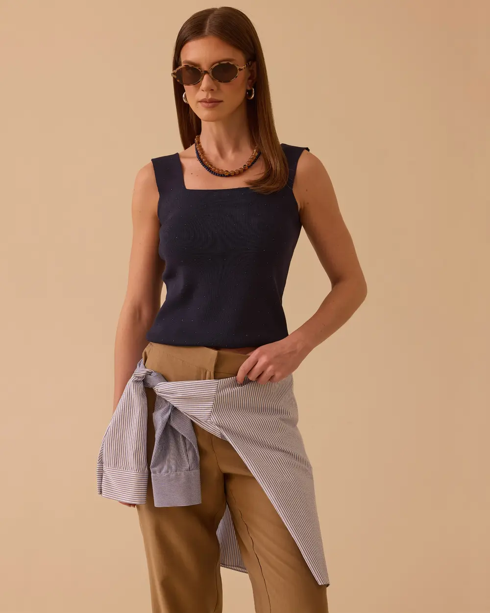 Square Neck Stone Tricot Tank Top