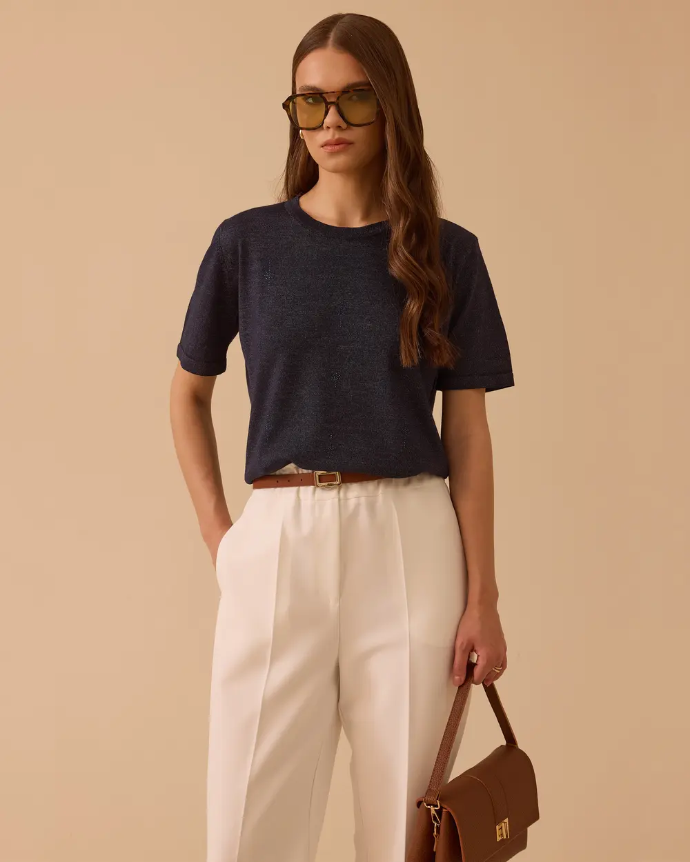 Short Sleeve Knitwear Blouse with Stone Detail