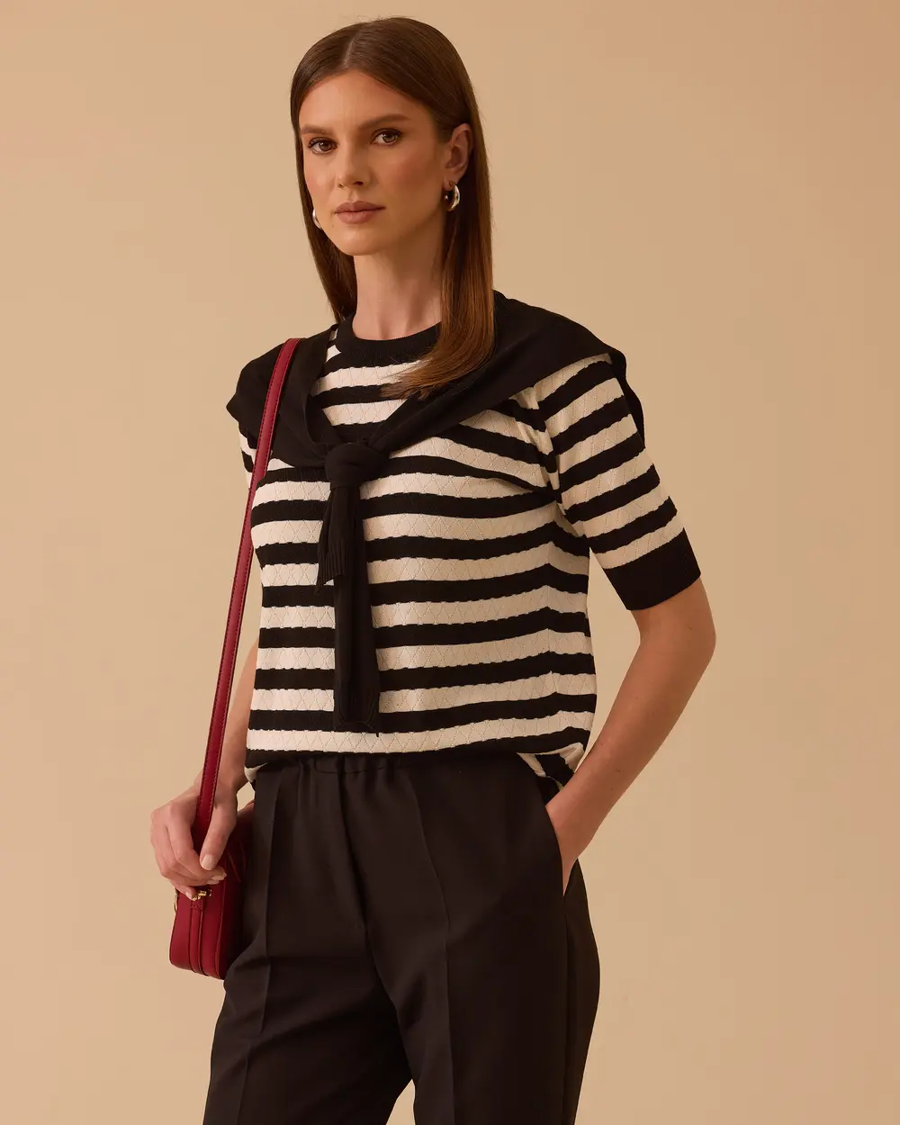 Striped Short Sleeve Sweater Blouse
