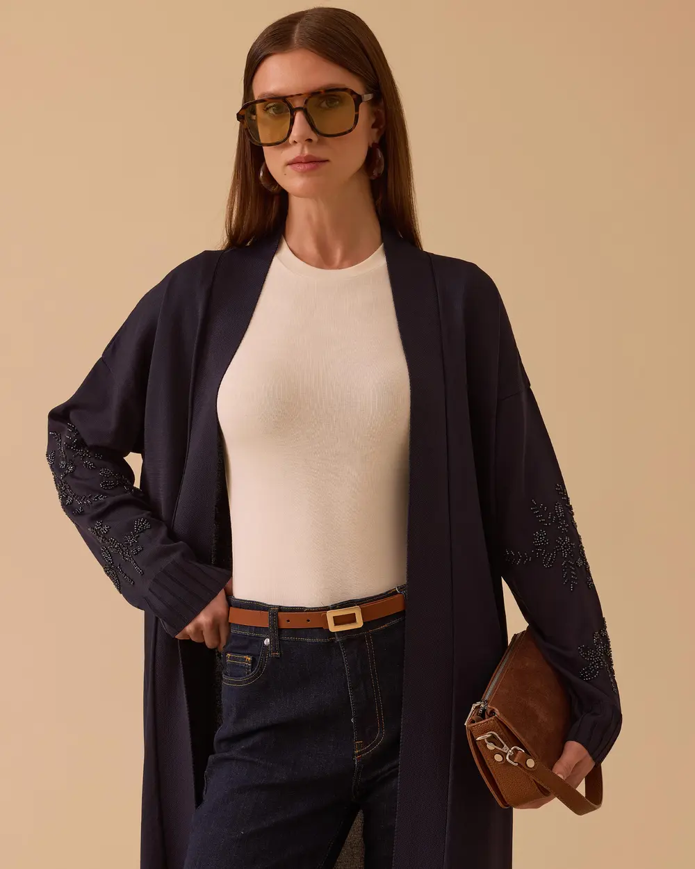 Bead Embroidered Long Sweater Cardigan