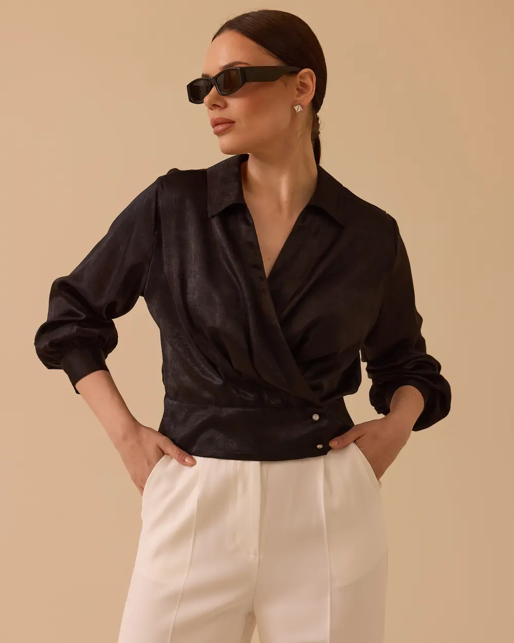 Kruvaze Bel Boy Saten Bluz