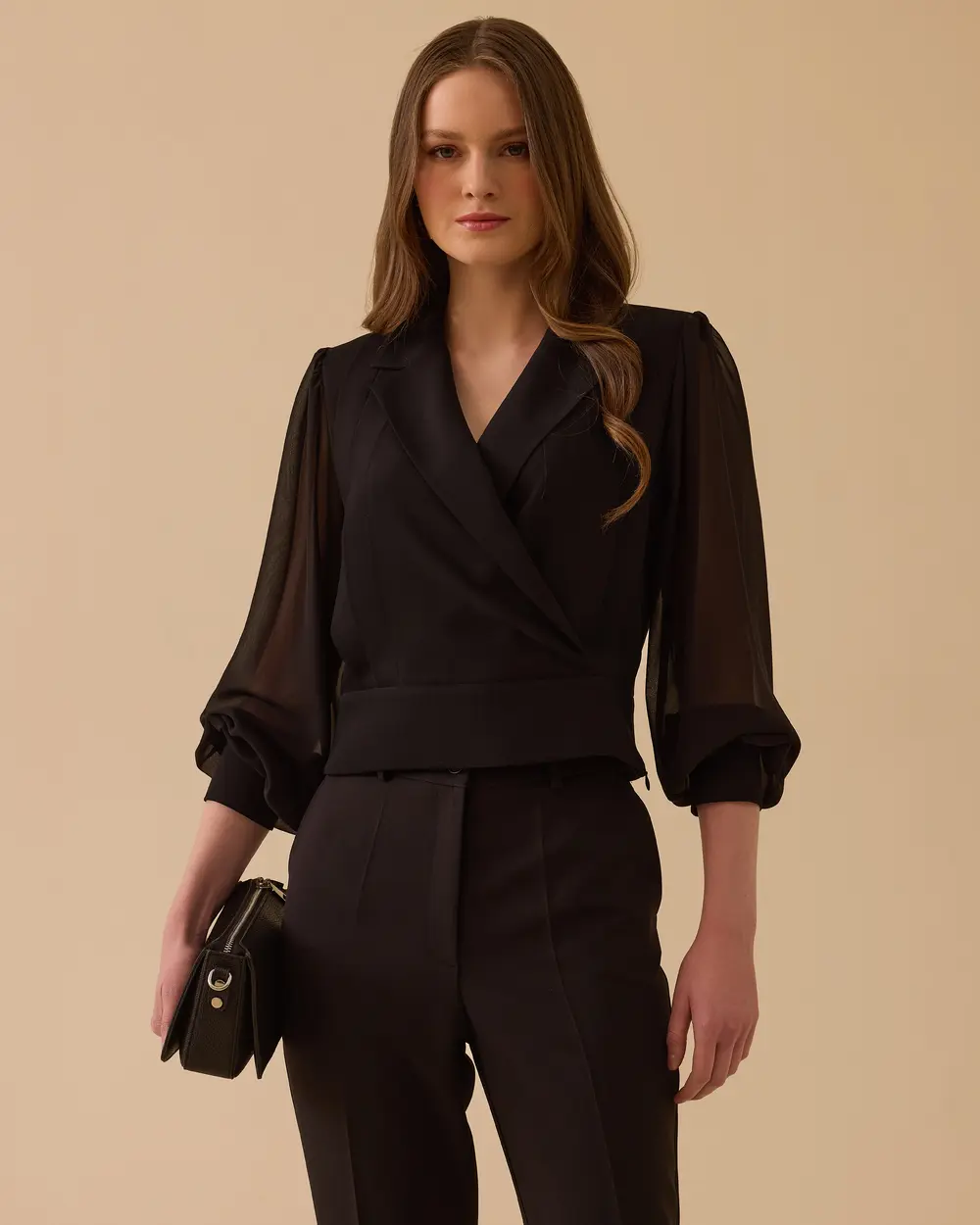 Transparan Kollu Kruvaze Bluz