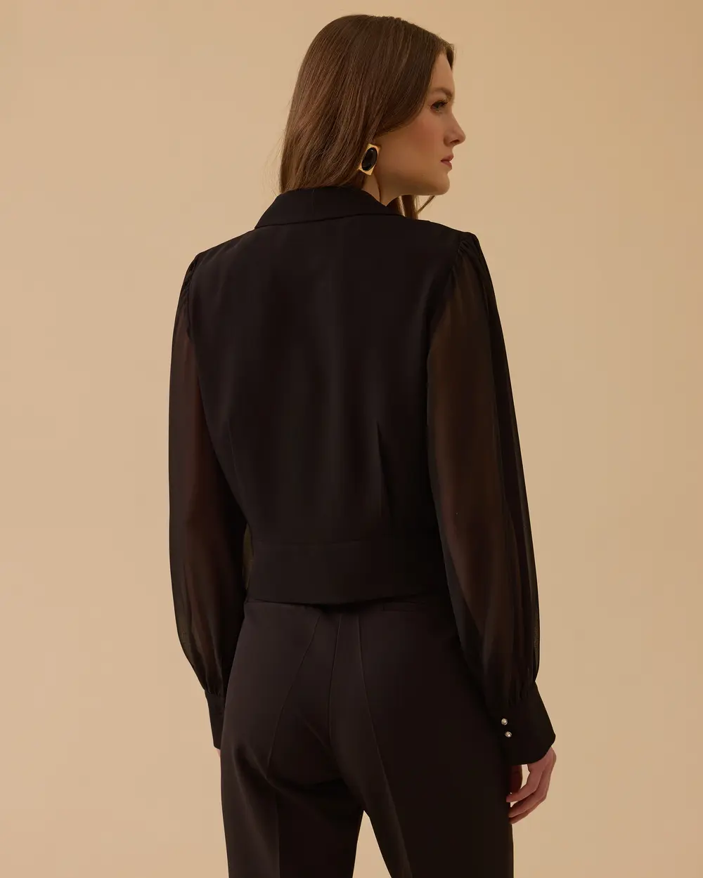 Transparan Kollu Kruvaze Bluz