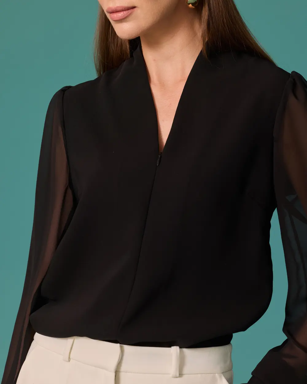 Blouse with a Shawl Collar, Zipper Detail, and Cuffed Sleeves