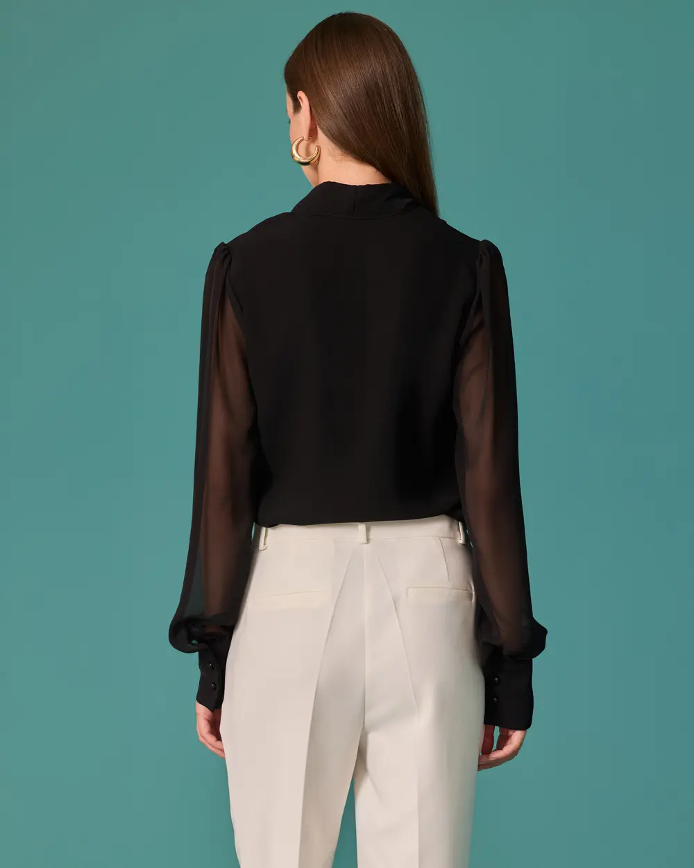 Blouse with a Shawl Collar, Zipper Detail, and Cuffed Sleeves