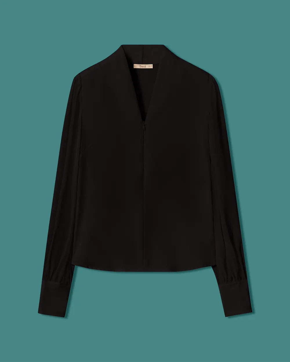 Blouse with a Shawl Collar, Zipper Detail, and Cuffed Sleeves