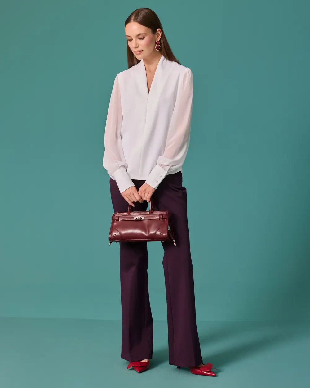Blouse with a Shawl Collar, Zipper Detail, and Cuffed Sleeves