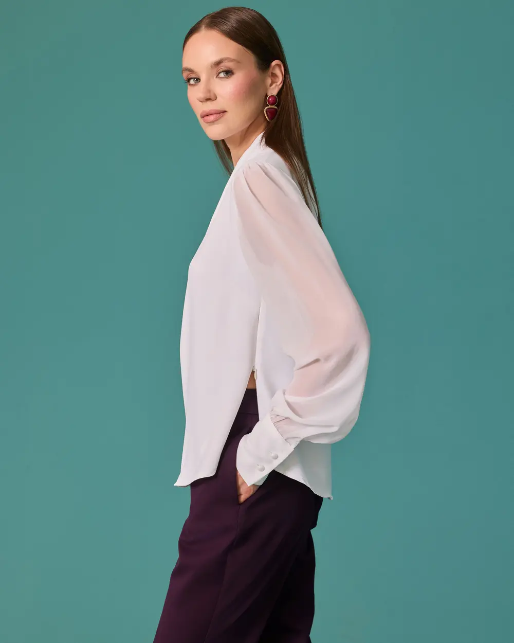 Blouse with a Shawl Collar, Zipper Detail, and Cuffed Sleeves