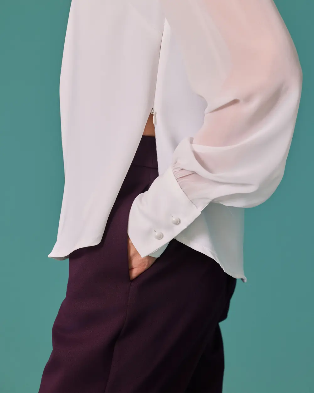 Blouse with a Shawl Collar, Zipper Detail, and Cuffed Sleeves