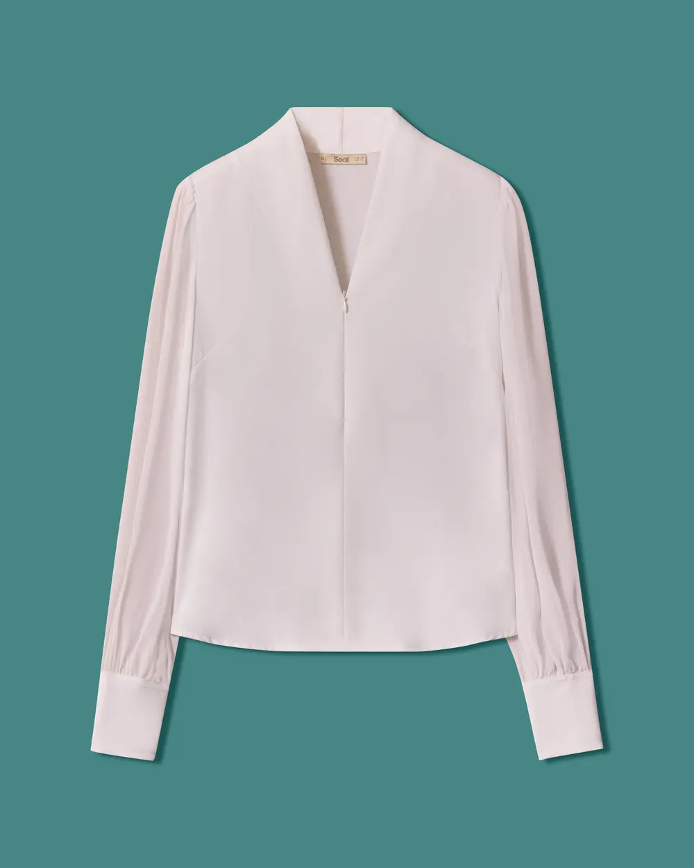 Blouse with a Shawl Collar, Zipper Detail, and Cuffed Sleeves