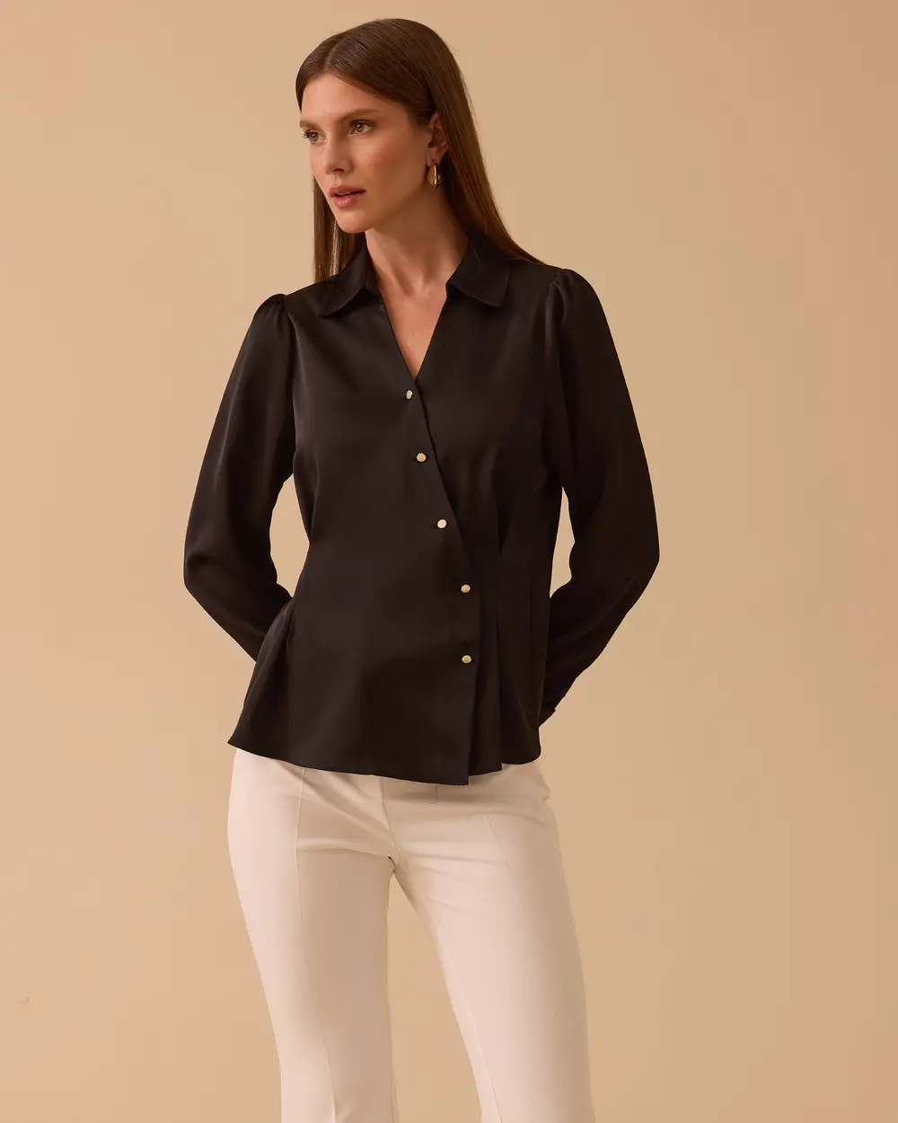 V-Neck Satin Blouse with Pleated Detail