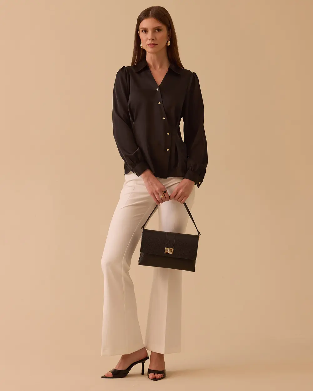 V-Neck Satin Blouse with Pleated Detail
