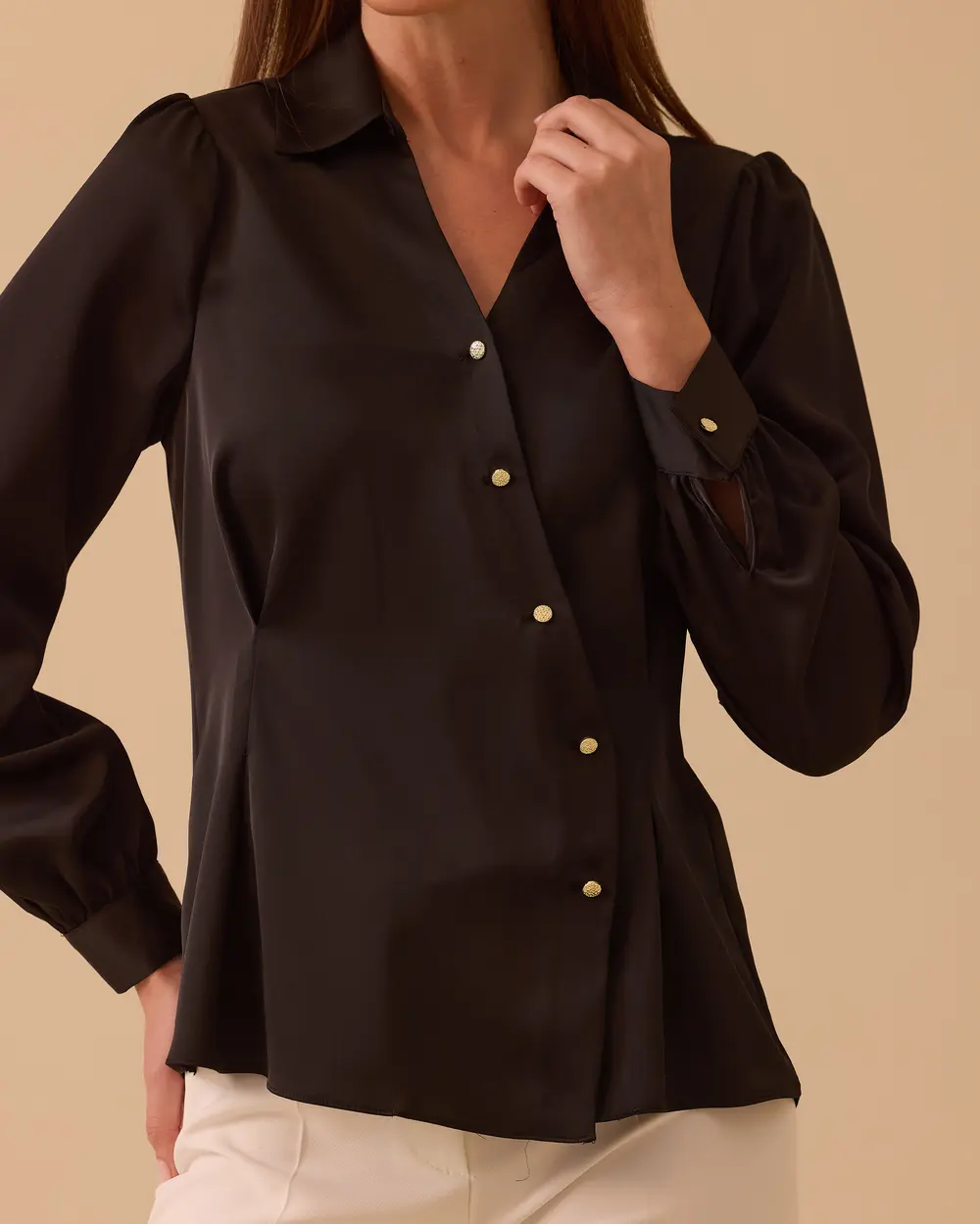 V-Neck Satin Blouse with Pleated Detail