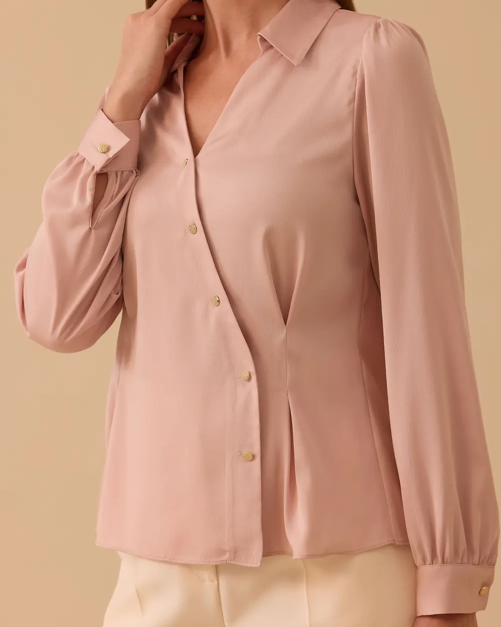 V-Neck Satin Blouse with Pleated Detail