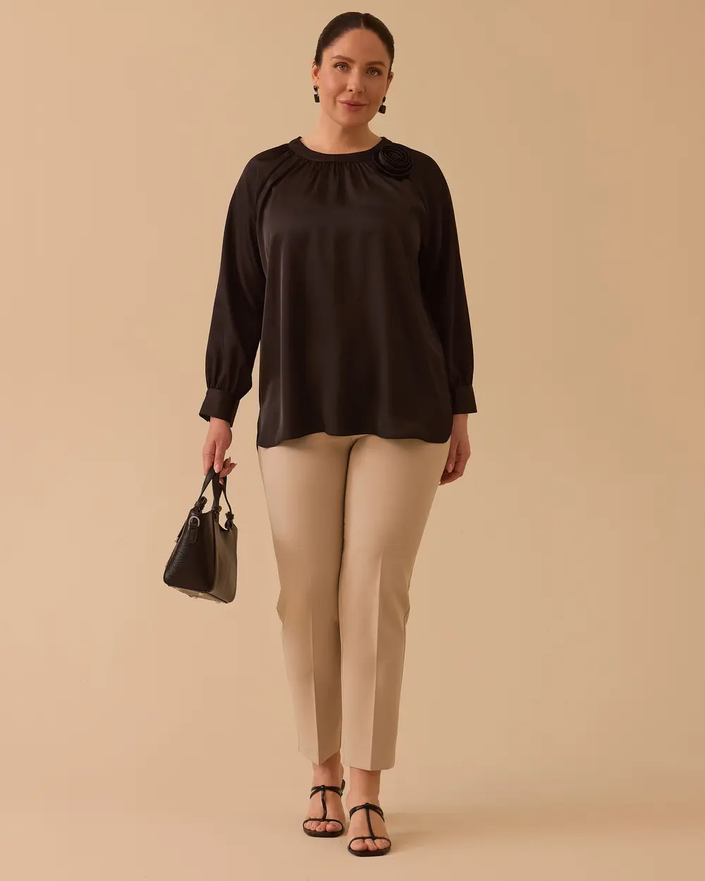 Plus Size Satin Blouse with Flower Applique