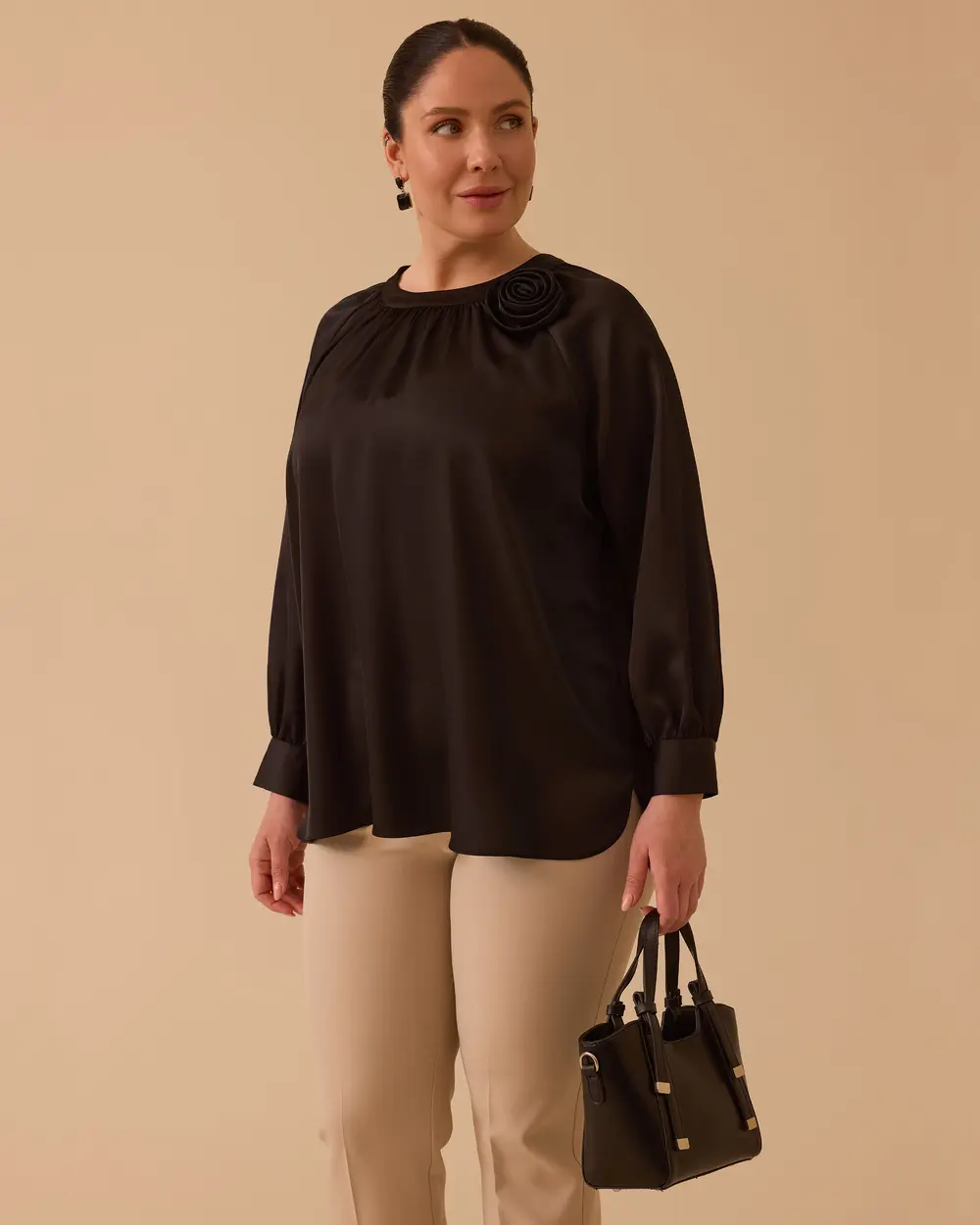 Plus Size Satin Blouse with Flower Applique