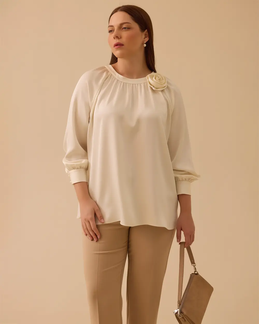Plus Size Satin Blouse with Flower Applique