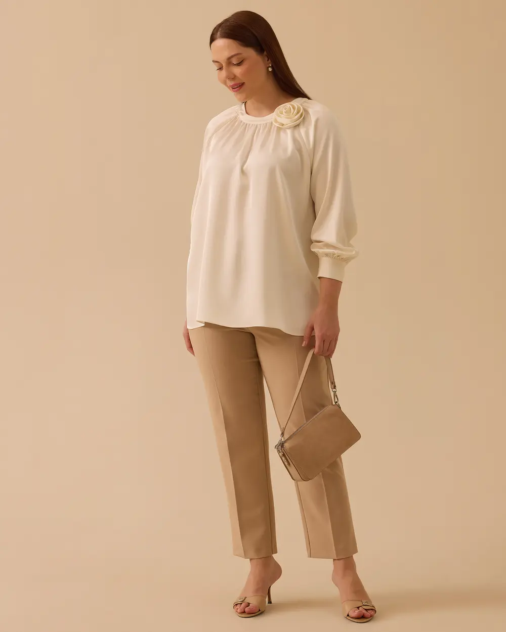 Plus Size Satin Blouse with Flower Applique