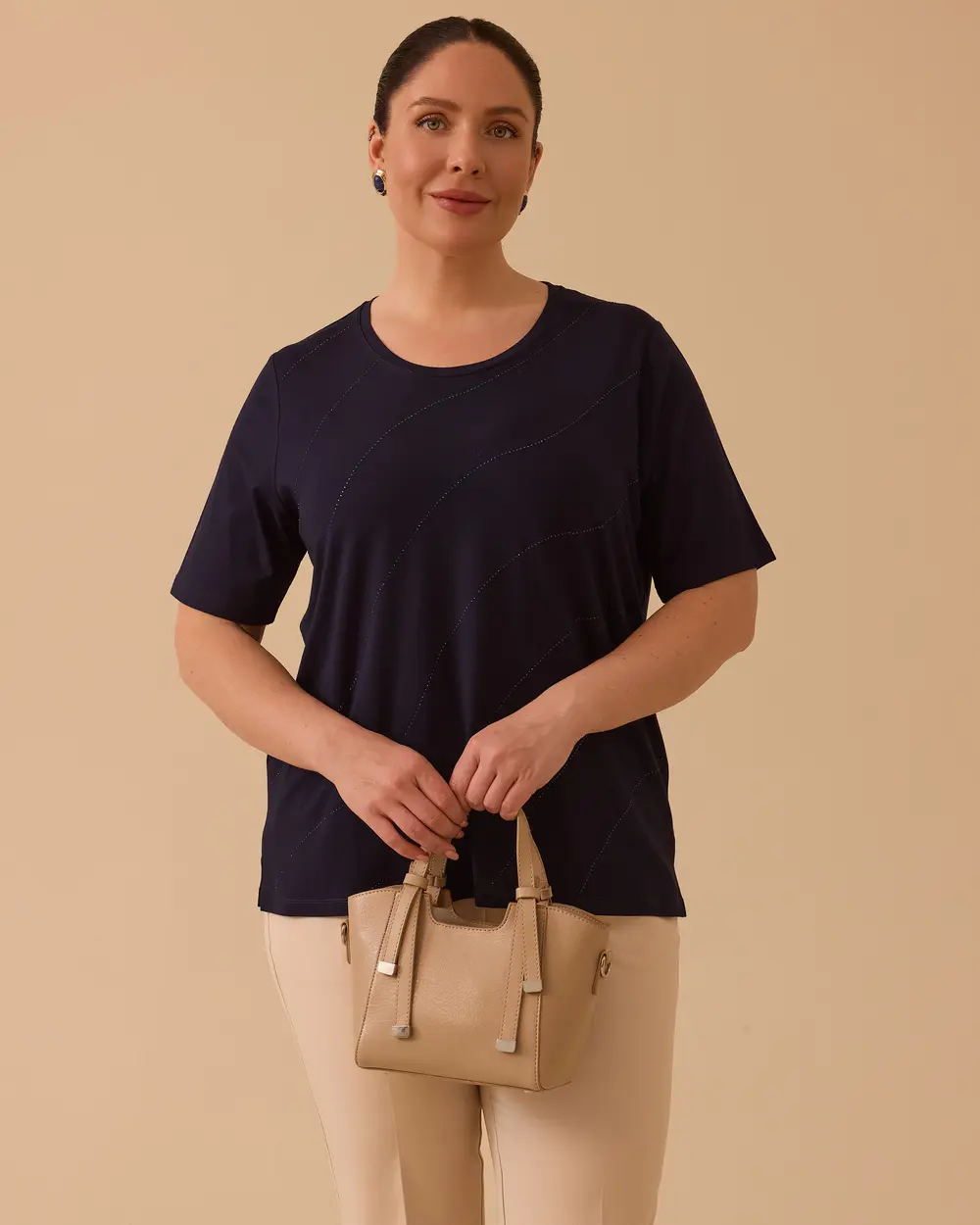 Plus Size Short Sleeve Blouse with Stone Transition