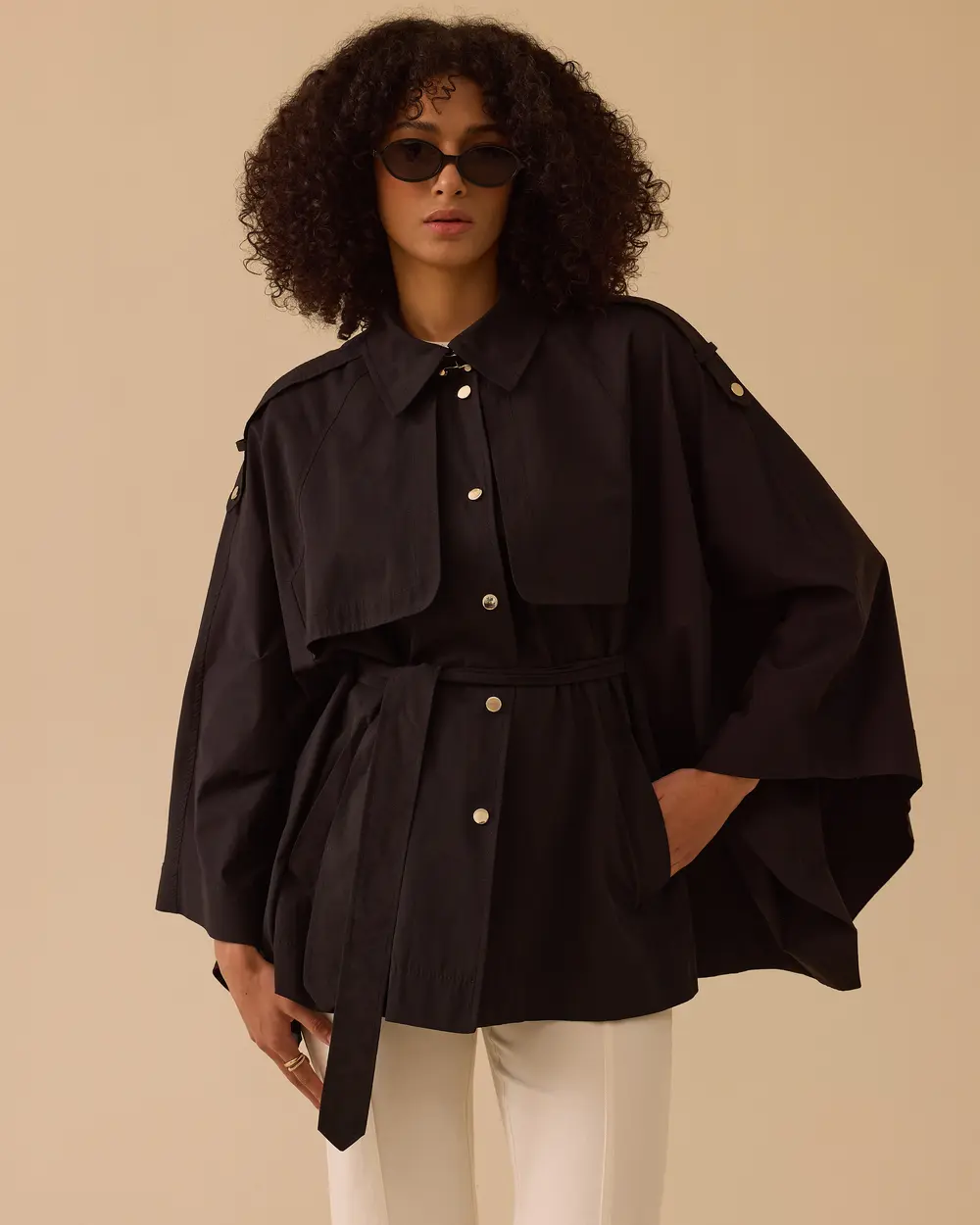 Kuşaklı Cep Detaylı Pelerin Trençkot