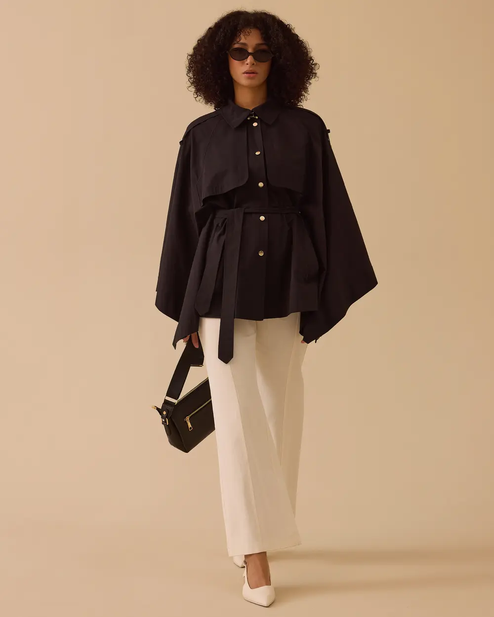 Kuşaklı Cep Detaylı Pelerin Trençkot