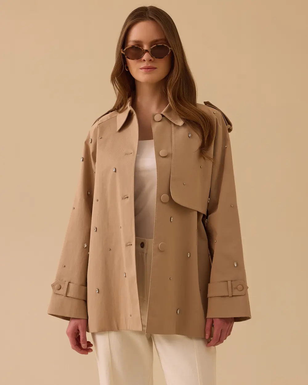 Taşlı Oversize Trençkot