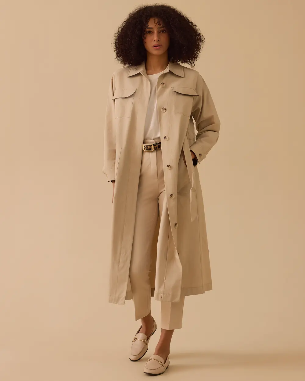 Kuşaklı Cep Detaylı Uzun Trençkot