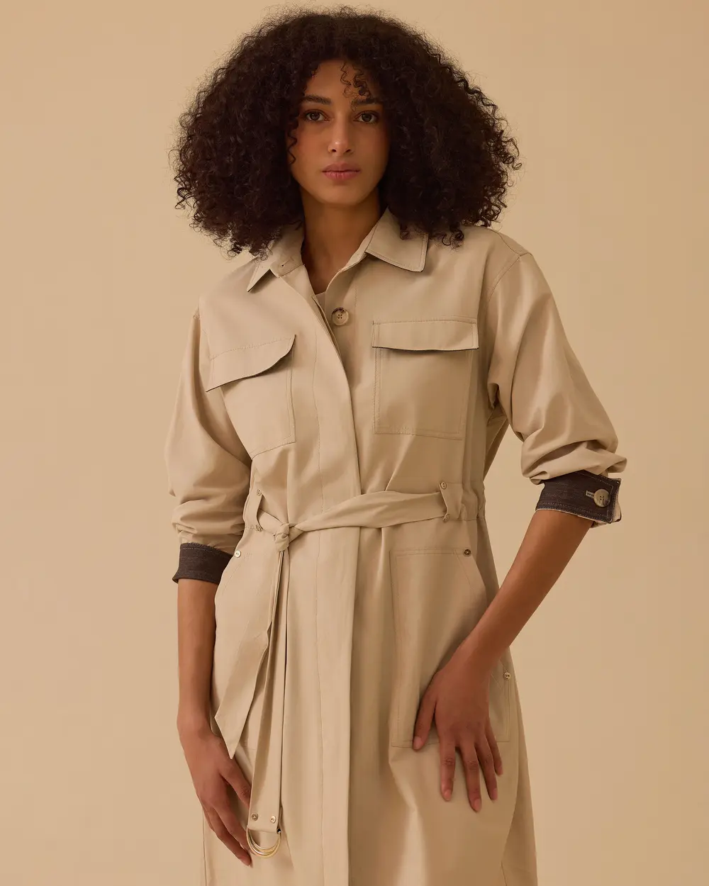 Kuşaklı Cep Detaylı Uzun Trençkot