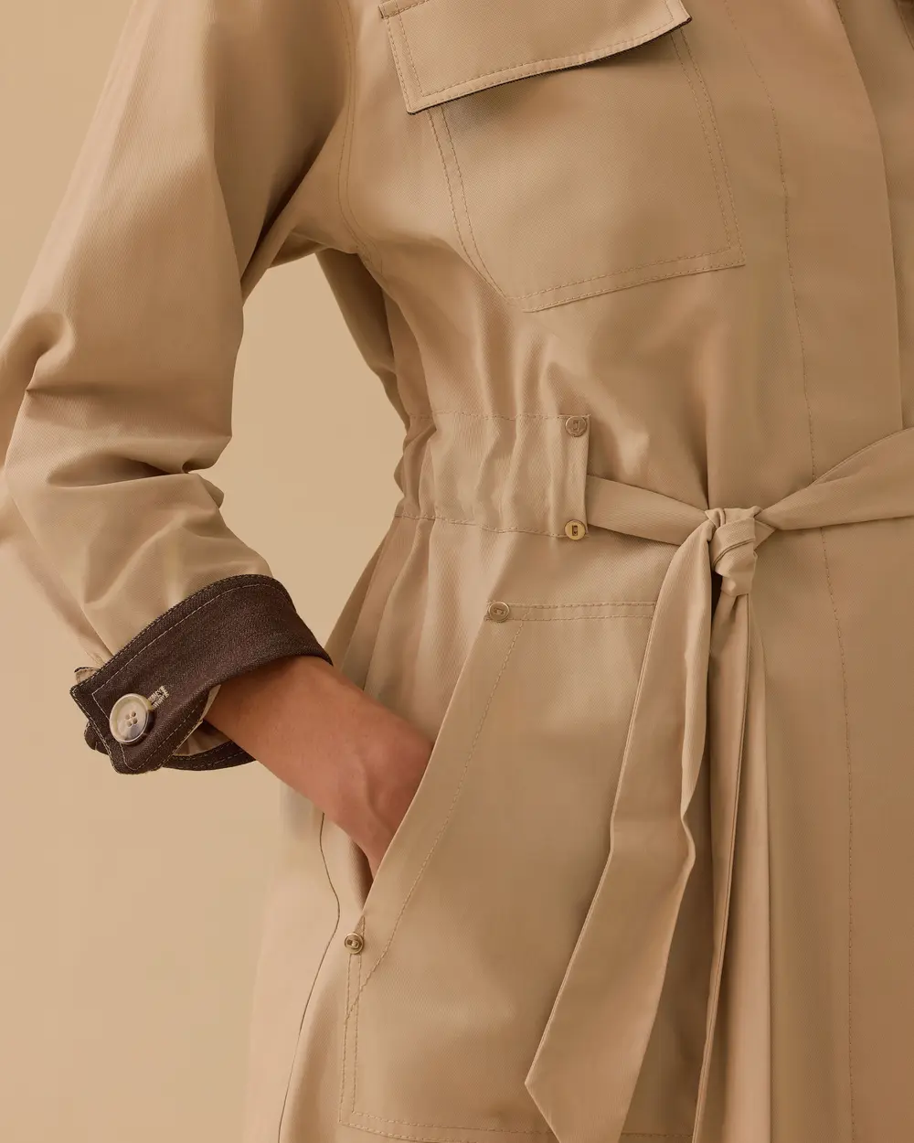 Kuşaklı Cep Detaylı Uzun Trençkot