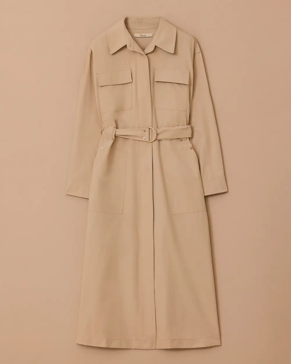 Kuşaklı Cep Detaylı Uzun Trençkot