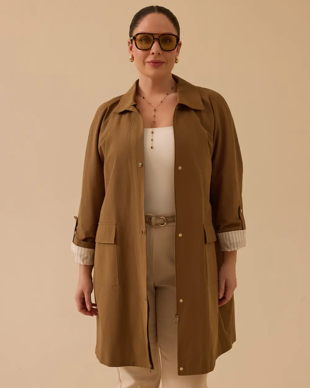 Büyük Beden Cepli Fermuarlı Trençkot