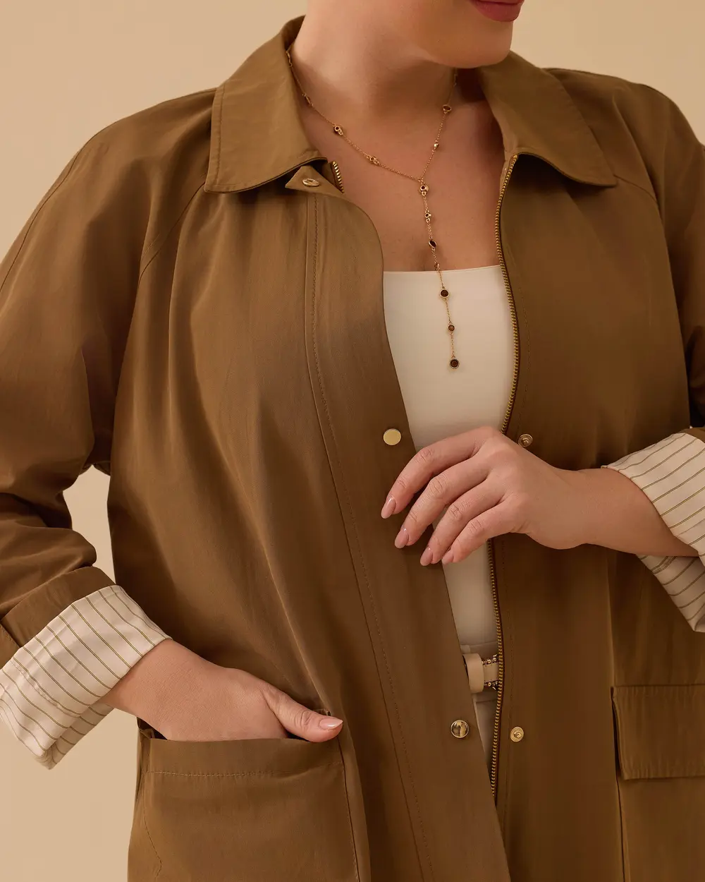 Büyük Beden Cepli Fermuarlı Trençkot