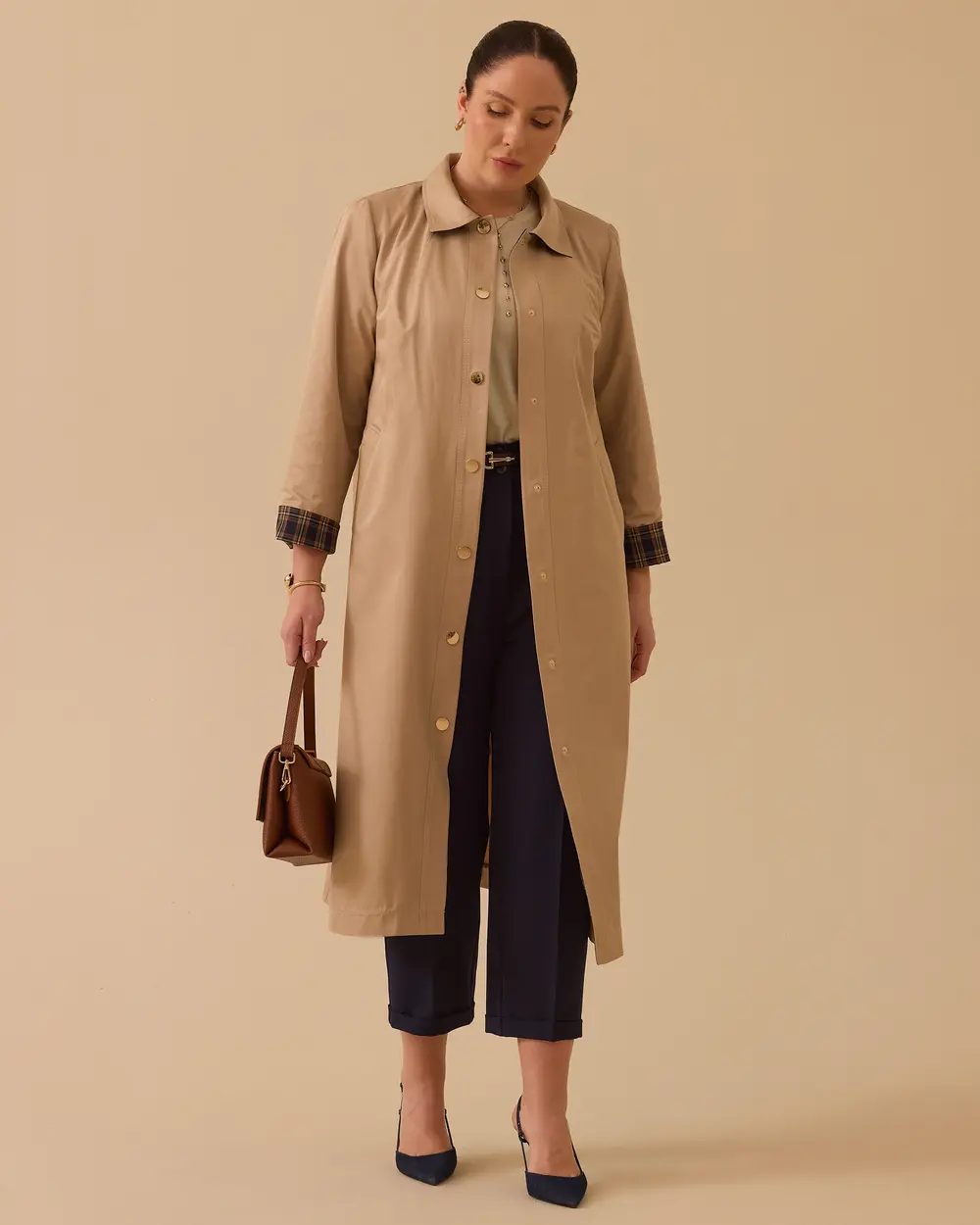 Büyük Beden Ekose Desen Detaylı Trençkot