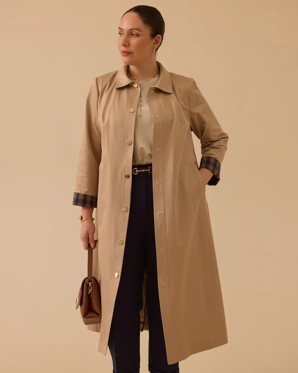 Büyük Beden Ekose Desen Detaylı Trençkot