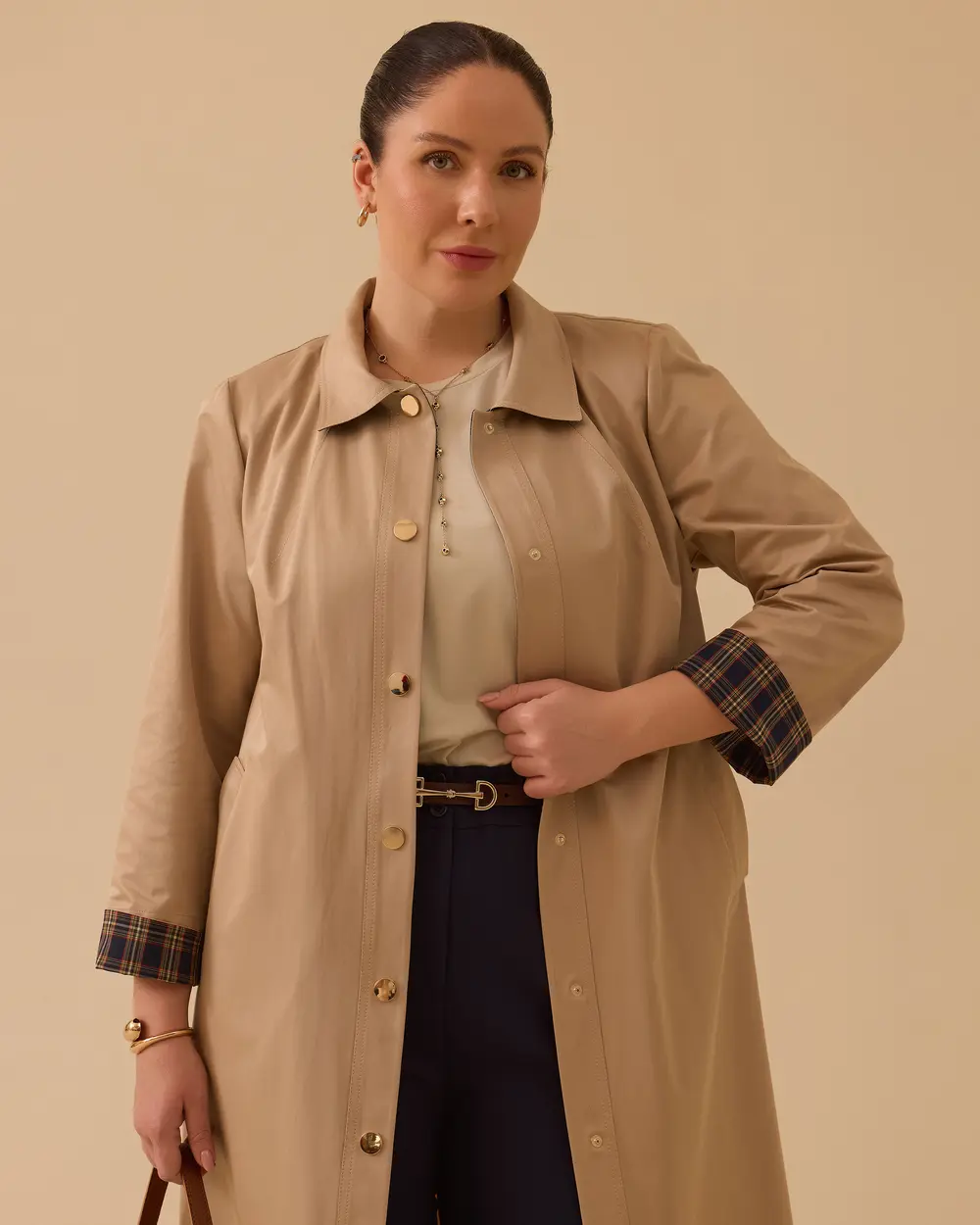 Büyük Beden Ekose Desen Detaylı Trençkot