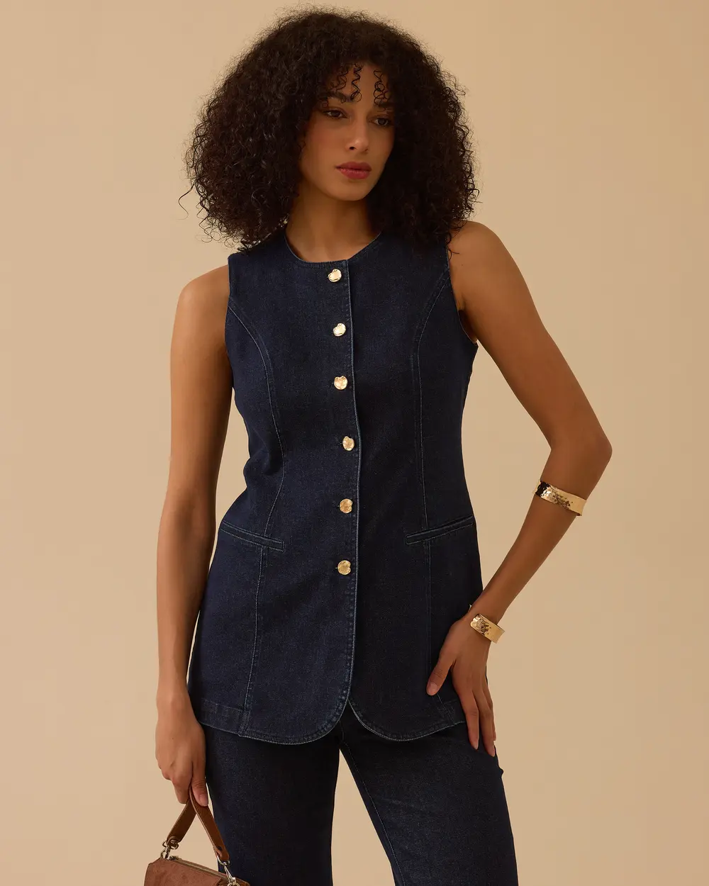 Yuvarlak Yaka Düğmeli Jean Yelek