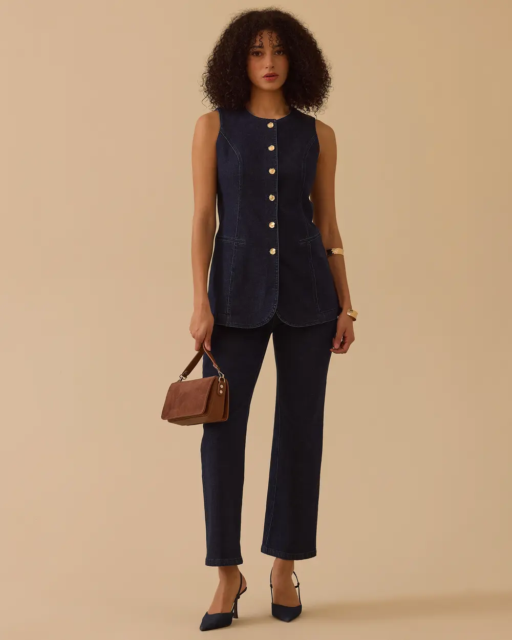 Yuvarlak Yaka Düğmeli Jean Yelek