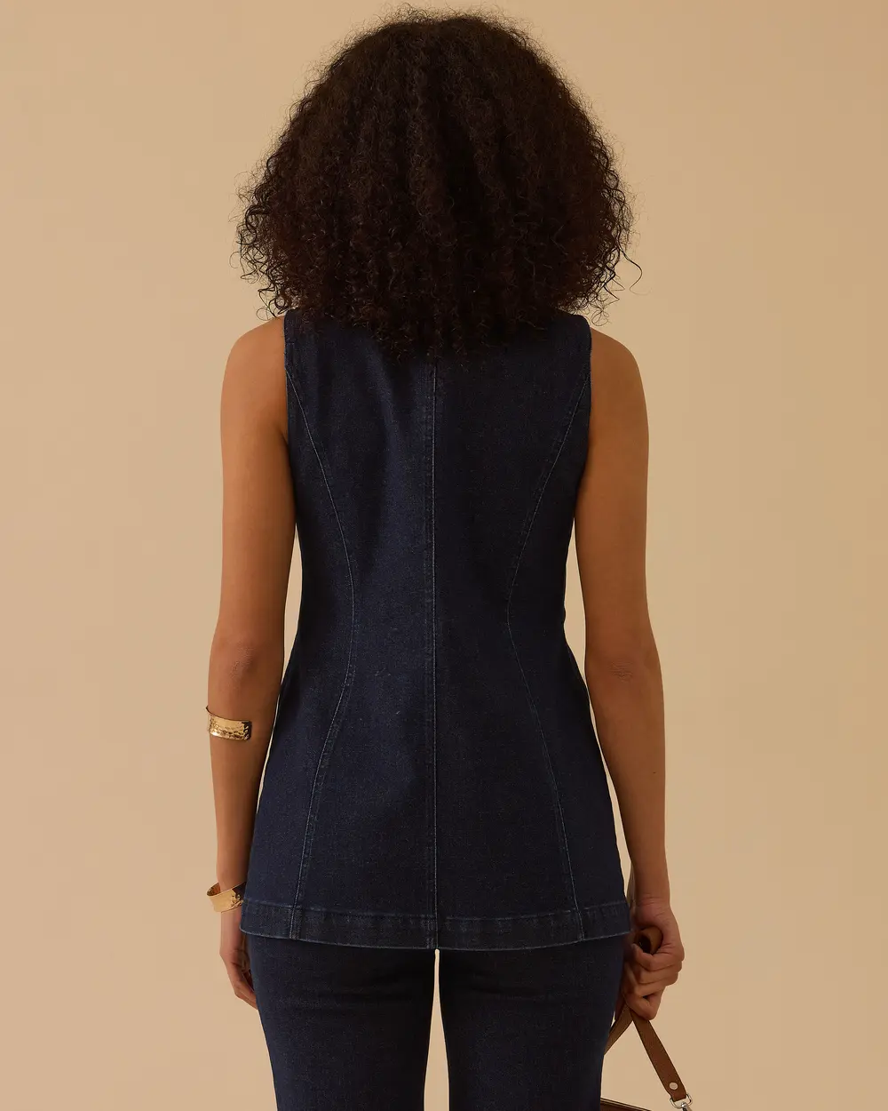 Yuvarlak Yaka Düğmeli Jean Yelek